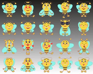 Fotobehang Set of emoji emoticons in a flat style. A set of isolated cartoon bees on a background from black to white. © Vladimir