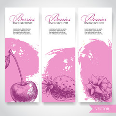 Farm fresh berries banners. Hand drawn berries. Cherry, strawberry and raspberry on rough pink watercolor paint background with white splashes. Vector berries illustration.