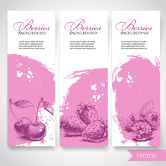 Organic eco berries banners. Hand drawn berries. Cherries, strawberries and raspberries on pink watercolor background with white splashes. Vector berries illustration.