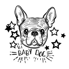Cute vector illustration with French bulldog. Home dog. Perfect for printing clothes or stickers or coloring books.