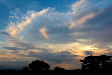 Sunset with partly cloudy sky. Dramatic sky