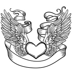 Line art illustration of angel wings, heart, tape. Vintage print for St. Valentine s Day. Sketch for tattoo, hipster t-shirt design, vintage style posters.
