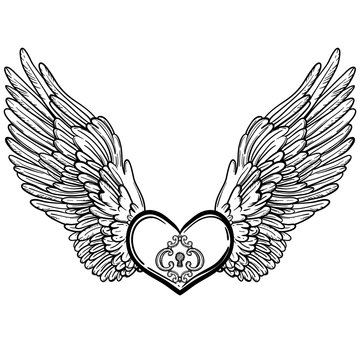 Line art illustration of angel wings and heart. Vintage print for St. Valentine s Day. Sketch for tattoo, hipster t-shirt design, vintage style posters. Coloring book for kids and adults.