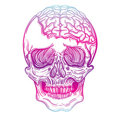 Vector illustration with a human skull and brains. Gothic brutal skull. For print t-shirts or book coloring.