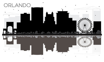 Orlando City skyline black and white silhouette with reflections.