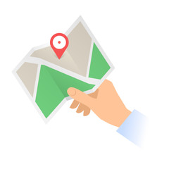 A human hand holds a navigation map with marker pin. Travel, tourism, cartography flat concept illustration. Vector material design element isolated on white background.