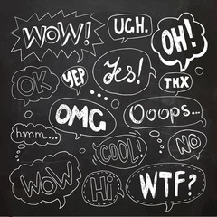 Hand drawn set of speech bubbles with handwritten text: Yes,Wow,Oh,Thx, Ooops,Wtf,Cool,Omg,Ok,Hmm...,No,Ugh,Yep,Ok,Hi