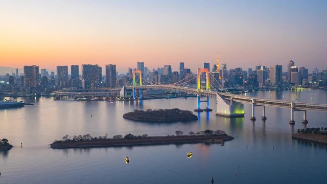 Tokyo city skyline view from Odaiba day to night time lapse video