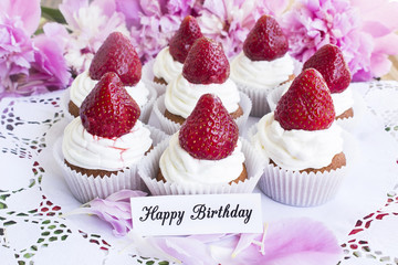 Happy Birthday Card with Strawberries Cupcakes