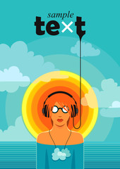 Summer music / Conceptual summer music vector. Man listening to the music in headphones, standing in water against cloudy sky background with sample text.