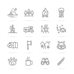 camping vector line icons - obrazy, fototapety, plakaty