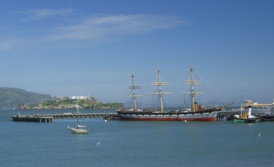 View on Alcatraz island and Balclutha boat, view from Marine Headlands, San Francisco, California,...