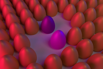 3D-Rendering von zahlreichen, in Reihen aufgestellten, goldenen Eiern in blauem und rotem Licht: manches sind anders...