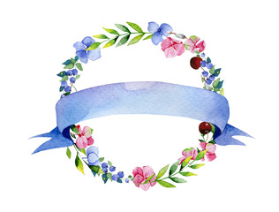Watercolor flower and herbs circle with ribbon. May be used for decoration print, invitation card decor. Wedding wreath. Blue hydrangea flowers, pink hydrangea, blueberry and cherry watercolor.