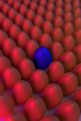 3D-Rendering von zahlreichen, in Reihen aufgestellten, goldenen Eiern in blauem und rotem Licht: manches sind anders...