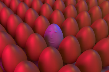 3D-Rendering von goldenen Eiern in blauem und rotem Licht: Individualität und Gelassenheit