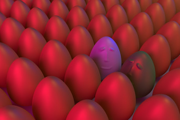 3D-Rendering von goldenen Eiern in blauem und rotem Licht: Individualität und Gelassenheit