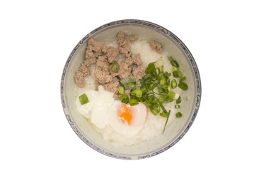 Porridge, eggs, pork chops, Traditional thai porridge rice gruel, tasty food.