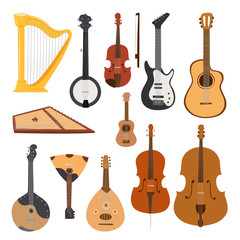 Stringed musical instruments classical orchestra tool equipment vector illustration isolated on white