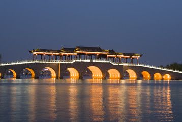 Naklejka na ściany i meble Night landscape, LiGongDi bridge in Suzhou, Jiangsu province,China.