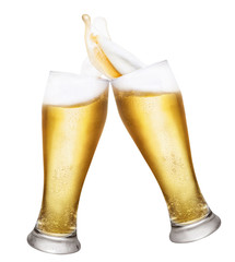 two glasses of beer with splashes