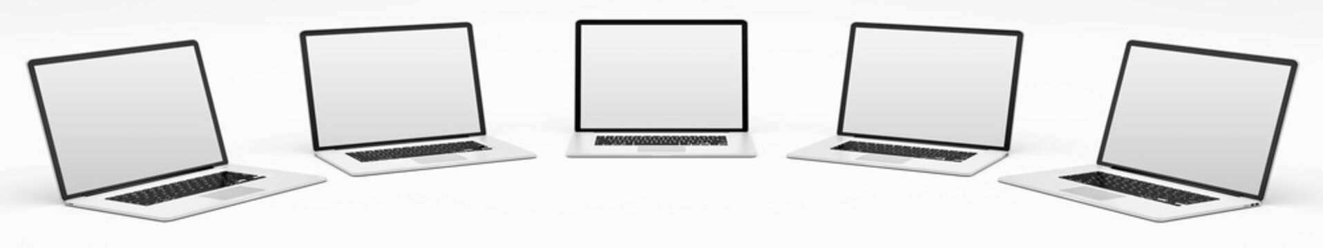 Five modern digital silver and black laptop 3D rendering