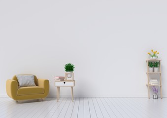 Living room with yellow fabric armchair, book and plants on empty white wall background. 3d rendering
