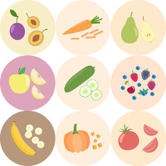 Set of fresh healthy vegetables and fruits. Slices of fruits and vegetables. Flat design. Organic farm illustration. Healthy lifestyle vector design elements.