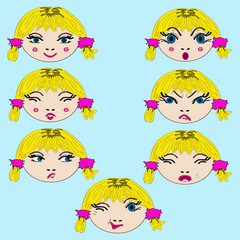 Set of cute girl emotion faces isolated on cyan background