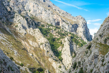 View to the village Camarmeña in the mountain range Picos de Europa. Seen from the trackway Canal del Texu, between the village Bulnes and Poncebos, at the river Rio Cares
