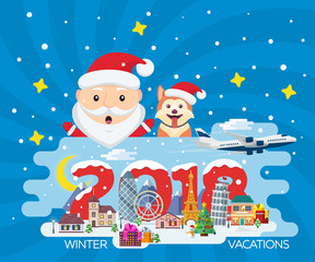 Merry Christmas banner in flat style. Traveling in time of vacation by plane. Year of the dog. The winter holiday. Flat Santa Claus. Happy New Year 2018. Europe winter town vector illustration