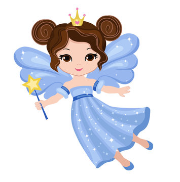 Beautiful little fairy in a blue dress with a magic wand. Vector illustration isolated on white background.