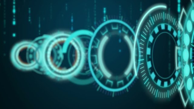 4K HUD Head up display moving with random binary drop  on the dark background for cyber technology and futuristic concept
