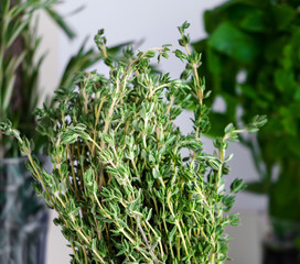 Thyme twigs on natyural kitchen background. Closeup.