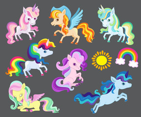 Illustration of groupe very nice rainbow unicorns. Vector illustration isolated on gray background.