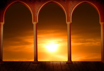Ramadan Kareem background with mosque arch.