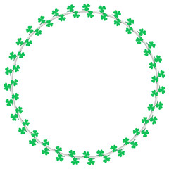 Shamrock circle wreath border decoration for Saint Patrick’s Day. Clover leaf crossing vine vector illustration. 