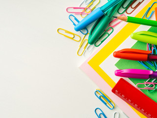 Stationery colorful writing tools accessories pens pencils, color paper. Back to school. Office supplies products