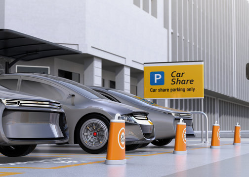 Fleet of autonomous vehicles in parking lot for sharing. Car sharing business concept. 3D rendering image.