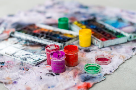 Watercolor aquarelle paints in box with palette