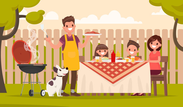 Happy Family At A Picnic Is Preparing A Barbecue Grill Outdoors. Vector Illustration