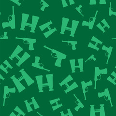 Weapon Random Seamless Pattern on Green Background. Military Texture with Silhouettes of a Pistols and Binoculars