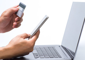 Man holding tablet pc and credit card indoor, Shopping Online