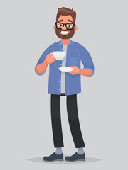 Bearded man is holding a cup of tea. Vector illustration in cartoon style
