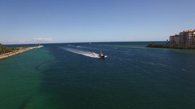 Aerial footage of speed boat at South Beach, Miami