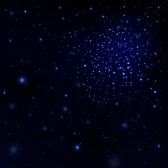 Blue light stars on black background. Abstract bokeh glowing design. Shine bright elements. Shiny fantasy glow in dark. Vector illustration