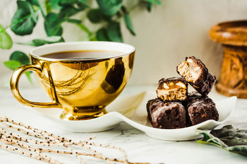 Homemade raw chocolate candy snickers bars. Vegan dessert.