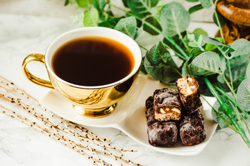 Homemade raw chocolate candy snickers bars. Tone.