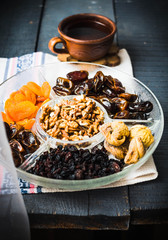 Mix of organic dried fruit. Dates, figs, raisins, dried apricots, walnuts