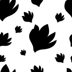 Beautiful seamless pattern with hand drawn decorative crocus flowers. Black flowers of different sizes. Vector illustration